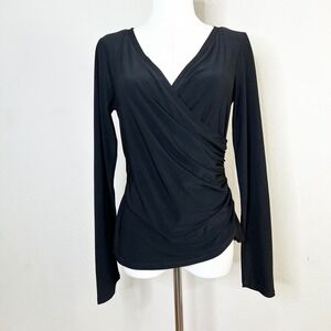 Pinup Couture Black Surplice Wrap Top Long Sleeve Ruched V-Neck Size M USA Made